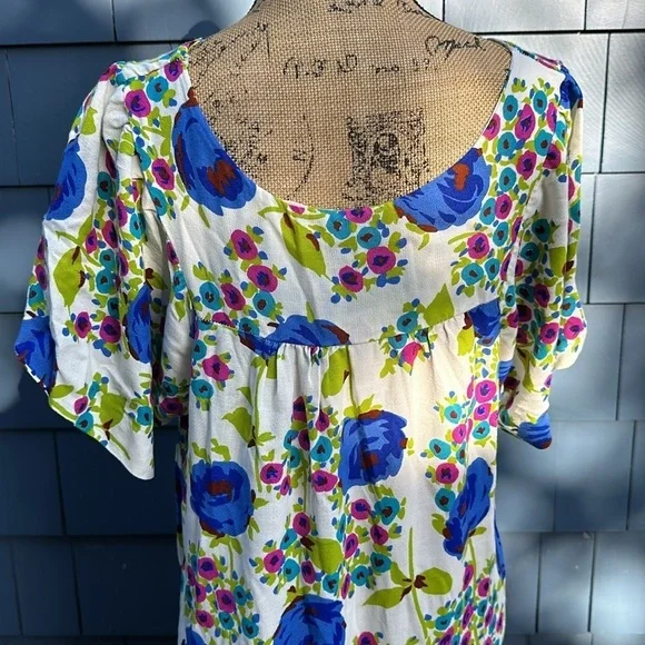 💙🩵💚Vintage, gorgeous floral, handmade caftan dress maxi mumu white blue - Picture 3 of 11